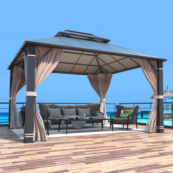 Mellcom 12x14FT Outdoor Hardtop Gazebo, Permanent Double Roof Aluminum Patio Gazebo for Patio Lawn, Garden
