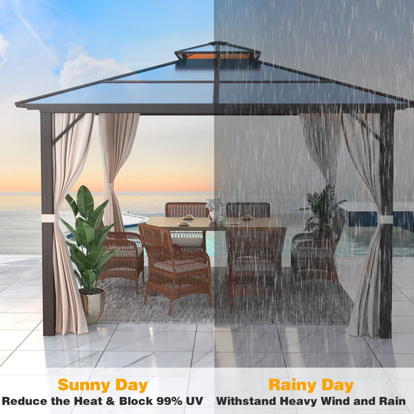 Mellcom 12'x12'  Hardtop Gazebo,  Outdoor Polycarbonate Double Roof Patio Gazebo Curtain Aluminum Frame