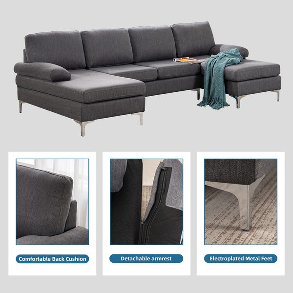 Mellcom Linen U-Shape Sectional Sofa, Fabric Couch for Living Room Apartment, Gray