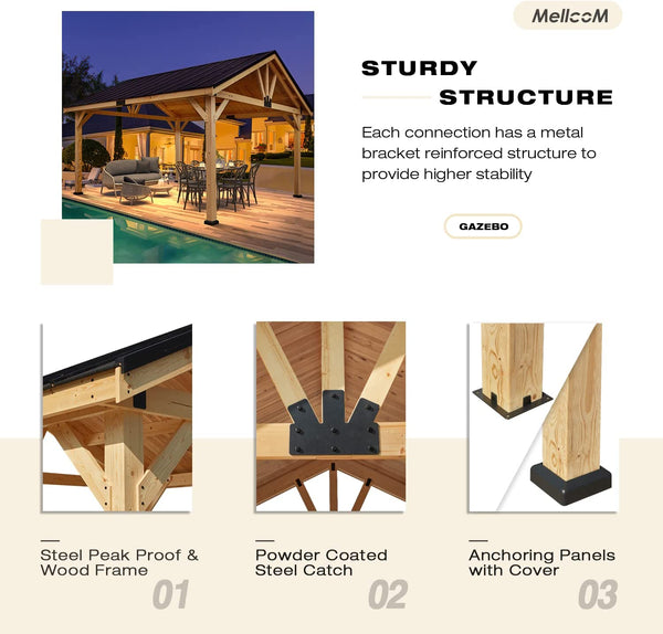 Mellcom 13x16 FT Hardtop Gazebo, Outdoor Solid Wood Gazebo with Waterproof and Heatproof Asphalt Roof