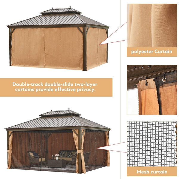 YOLENY 12' X 16‘ Hardtop Gazebo Galvanized Steel Outdoor Gazebo Canopy Double Vented Roof Pergolas Aluminum Frame with Netting and Curtains for Garden,Patio,Lawns,Parties