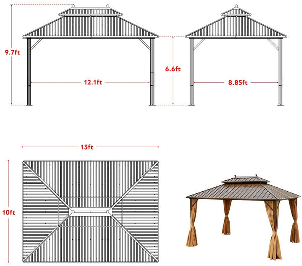 YOLENY 10' X 13' Hardtop Gazebo Galvanized Steel Outdoor Gazebo Canopy Double Vented Roof Pergolas Aluminum Frame with Netting and Curtains for Garden,Patio,Lawns,Parties