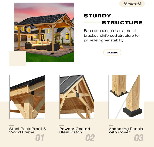 Mellcom 12x15 FT Hardtop Gazebo, Solid Wood Gazebo with Waterproof and Heatproof Asphalt Roof