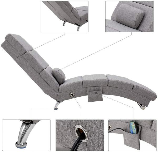 YOLENY Massage Chaise Lounge Electric Heated Recliner Modern Ergonomic Long Chair for Office or Living Room, Linen