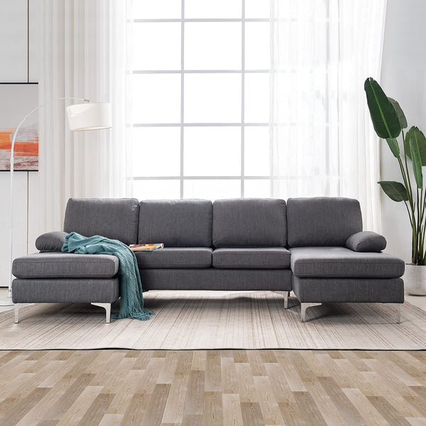 Mellcom Linen U-Shape Sectional Sofa, Fabric Couch for Living Room Apartment, Gray