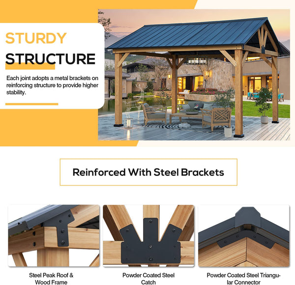 Mellcom 13'x 11' Hardtop Patio Gazebo, Outdoor Gable Steel Cedar Framed Pavilion Cabana