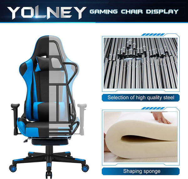 YOLENY Gaming Chair Computer Game Chair Office Chair Ergonomic High Back PC Desk Chair, Height Adjustment Swivel Rocker with Headrest and Support Lumbar Pillow and Foot Support