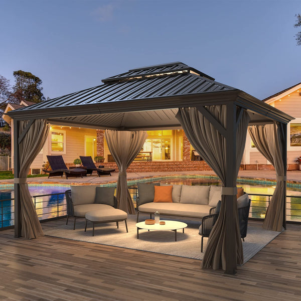 Mellcom 12' x 14' Hardtop Gazebo, Permanent Galvanized Steel Metal Double Roof Aluminum Pavilion