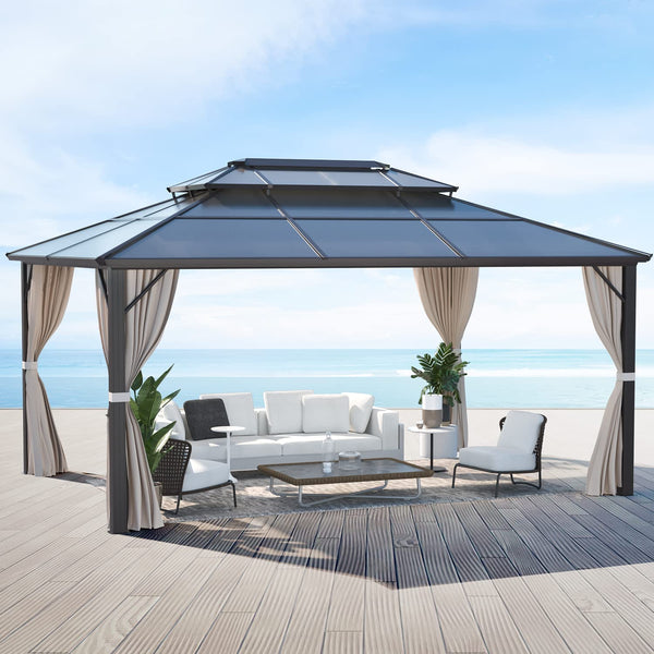 Mellcom 12'x16' Outdoor HardTop Gazebo, Double Roof Patio Garden Gazebo with Curtain Aluminum Frame