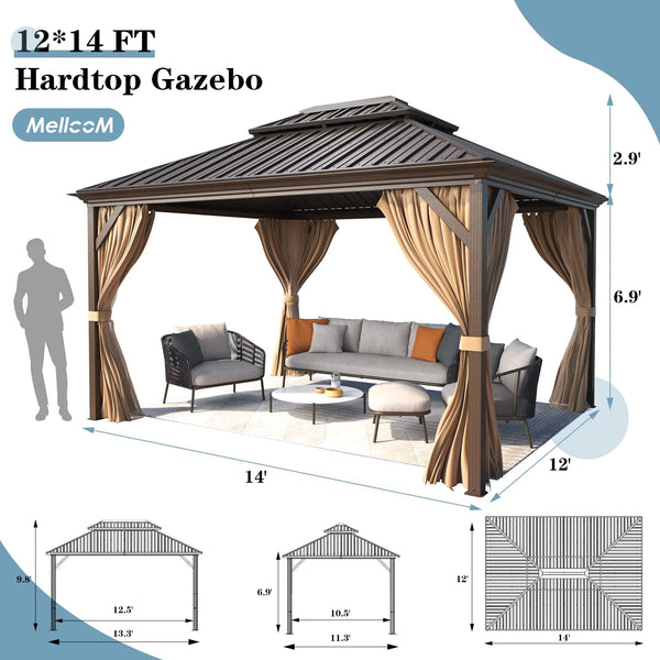 Mellcom 12' x 14' Hardtop Gazebo, Permanent Galvanized Steel Metal Double Roof Aluminum Pavilion