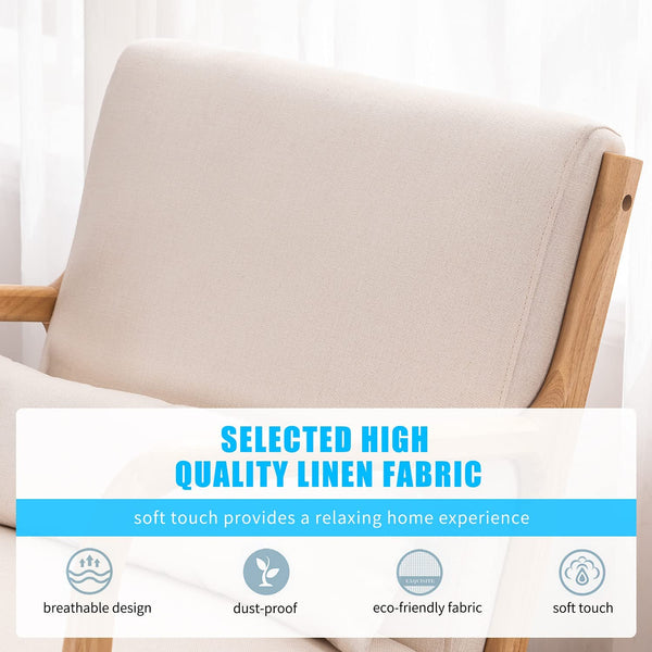 YOLENY Fabric Rocking Chair Mid-Century Glider Rocker with Padded Seat, Ottoman and Wood Base Linen Accent Chair for Living Room Beige