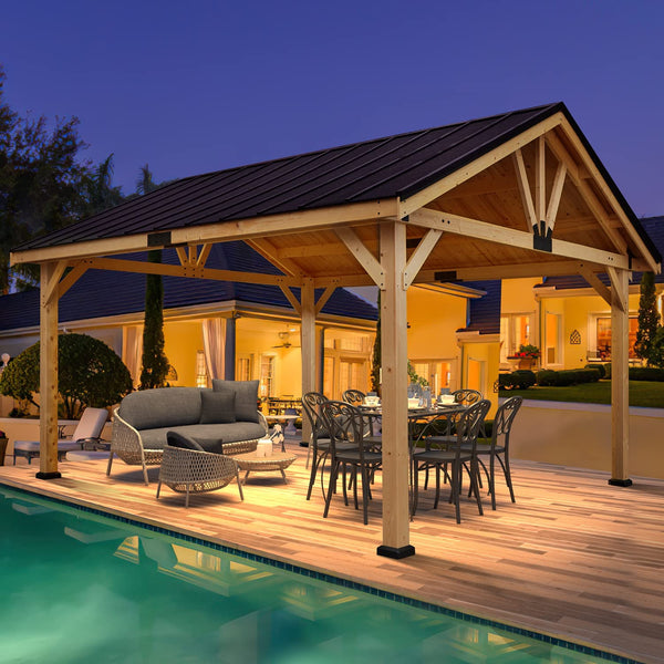 Mellcom 13x16 FT Hardtop Gazebo, Outdoor Solid Wood Gazebo with Waterproof and Heatproof Asphalt Roof