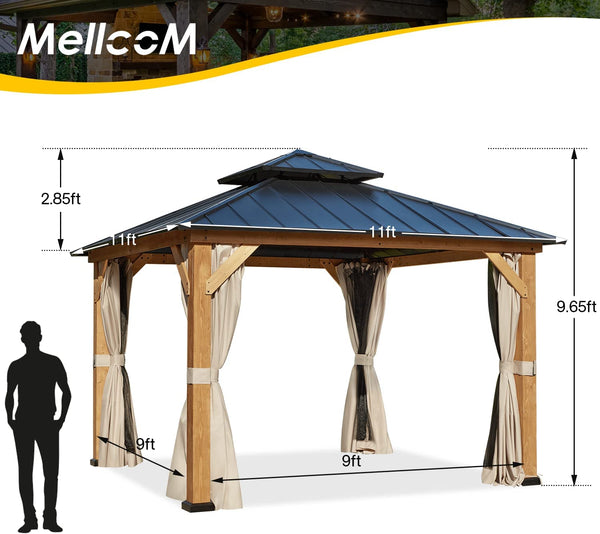 Mellcom 11' x 11' Cedar Wood Gazebo, Outdoor Hardtop Gazebo with Curtains and Mosquito Netting, for Patio, Garden, Backyard
