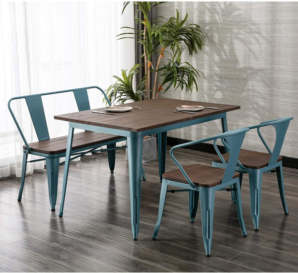 YOLENY Metal Bench Industrial Mid-Century 2 Person Chair with Wood Seat Dining Bench with Floor Protector