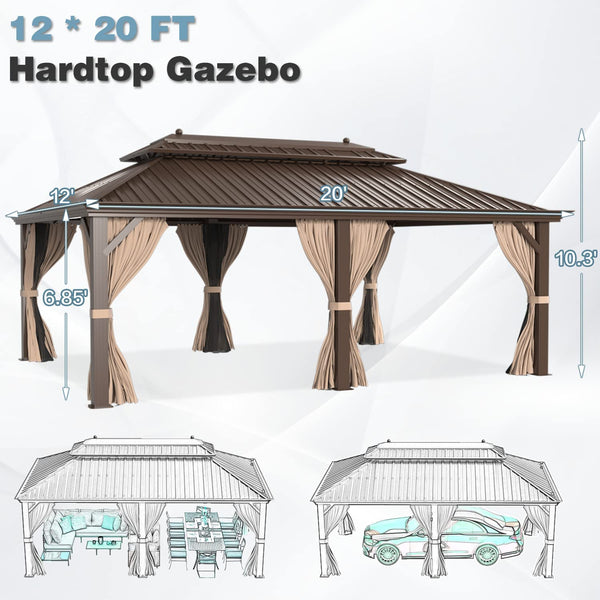 Mellcom 12' X 20' Hardtop Gazebo Galvanized Steel Outdoor Canopy Aluminum Frame