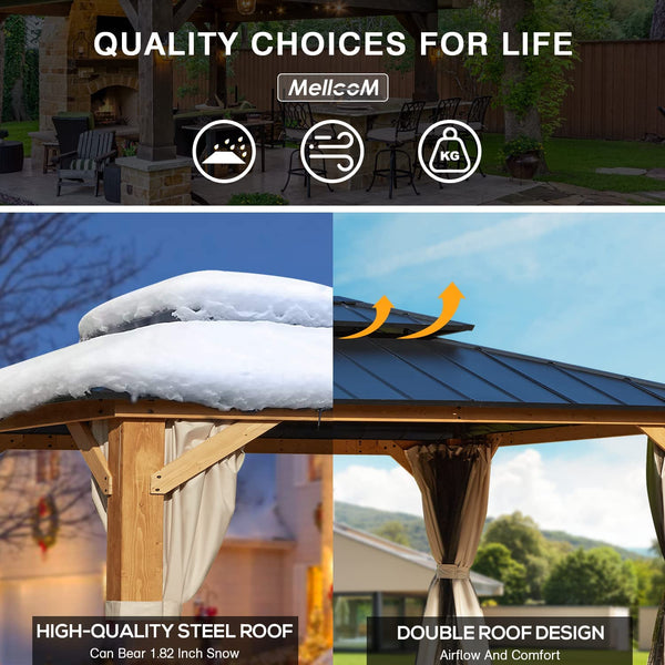 Mellcom 13' x 15' Cedar Wood Gazebo, Outdoor Hardtop Gazebo with Curtains and Mosquito Netting, for Patio, Garden, Backyard