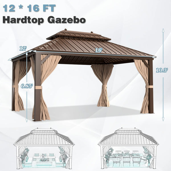 Mellcom 12' X 16' Hardtop Gazebo Galvanized Steel Outdoor Double Roof Patio Gazebo with Aluminum Frame