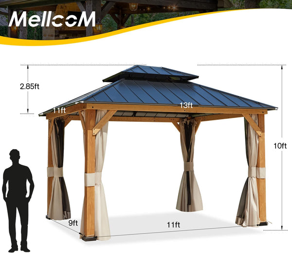 Homoow 13' x 11' Cedar Wood Gazebo, Outdoor Hardtop Gazebo with Curtains and Mosquito Netting, for Patio, Garden, Backyard