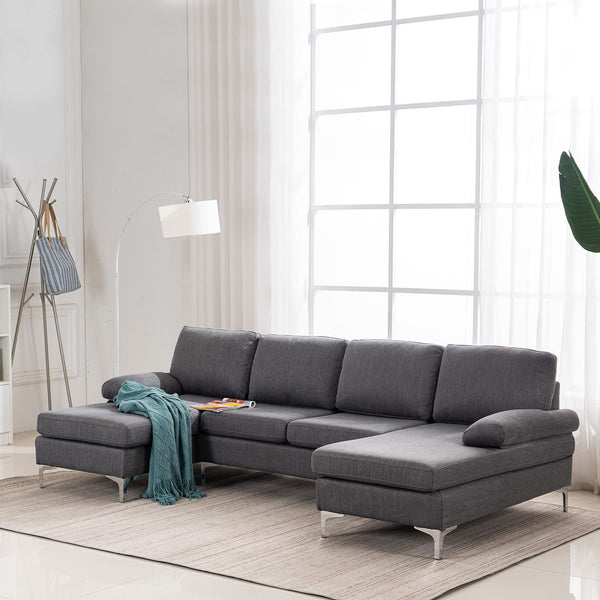 Mellcom Linen U-Shape Sectional Sofa, Fabric Couch for Living Room Apartment, Gray