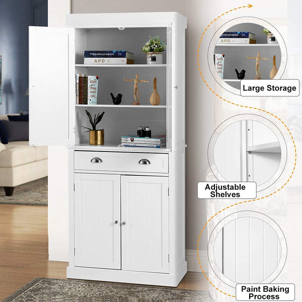 YOLENY Kitchen Pantry 72” Freestanding Storage Cabinets with Doors and Shelves Elegant Colonial Design Cabinet Cupboard with 3 Adjustable Shelves and 1 Storage Drawer