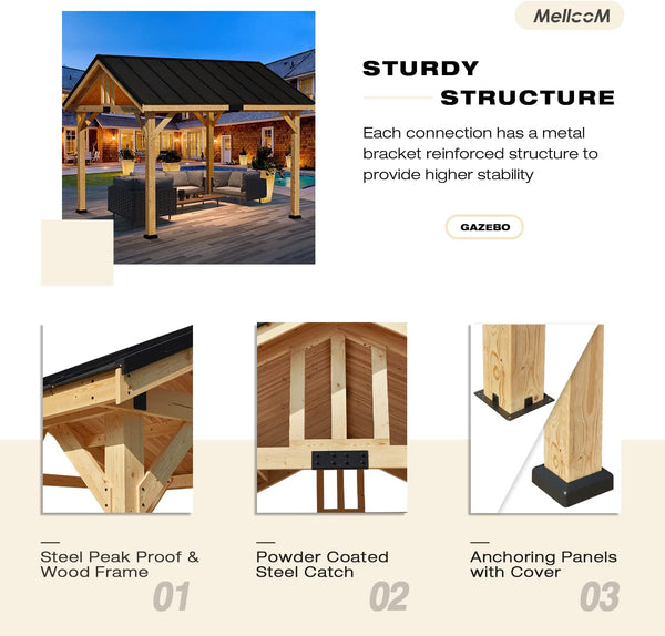 Mellcom 11x12 FT Hardtop Gazebo, Spruce Wood Solid Wood Gazebo, Waterproof Asphalt Roof, for Patio, Lawn, Garden, Easy Installation