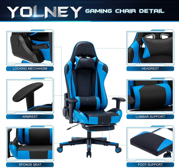 YOLENY Gaming Chair Computer Game Chair Office Chair Ergonomic High Back PC Desk Chair, Height Adjustment Swivel Rocker with Headrest and Support Lumbar Pillow and Foot Support