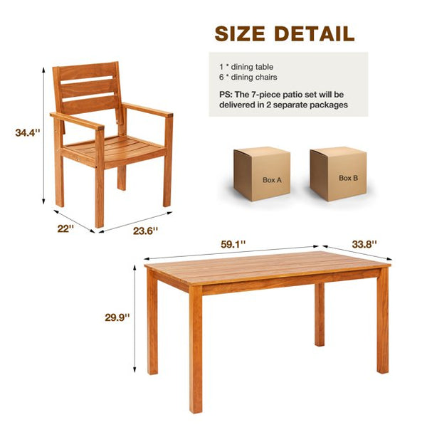 Mellcom 7 Piece Outdoor Patio Dining Set Rectangular Solid Wood Furniture