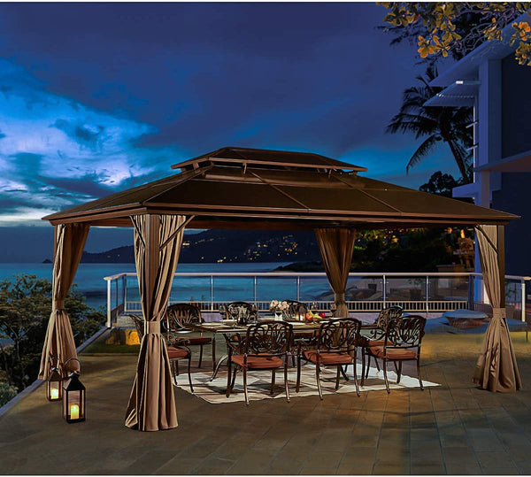 YOLENY 12'x16' Outdoor Polycarbonate Double Roof Hardtop Gazebo Canopy Curtains Aluminum Frame with Netting for Garden and Patio