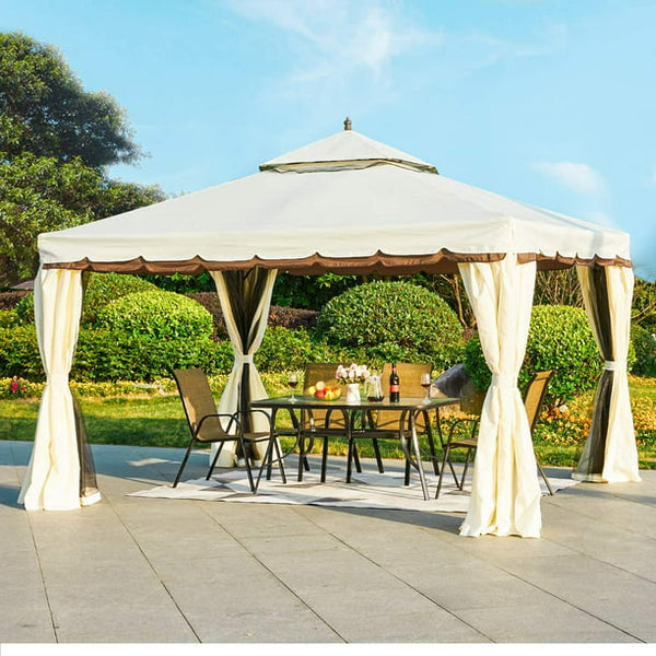 Yoleny 10’ x 12’ Outdoor Canopy Gazebo Double Roof Patio Gazebo Steel Frame with Netting and Shade Curtains for Garden,Patio,Party Canopy-Beige