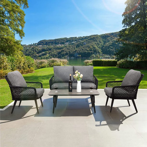 Yoleny 4 Pieces Patio Conversation Sets, Outdoor Rope-Woven Aluminum Patio Furniture Set with Thick Cushions, and Tempered Glass Coffee Table