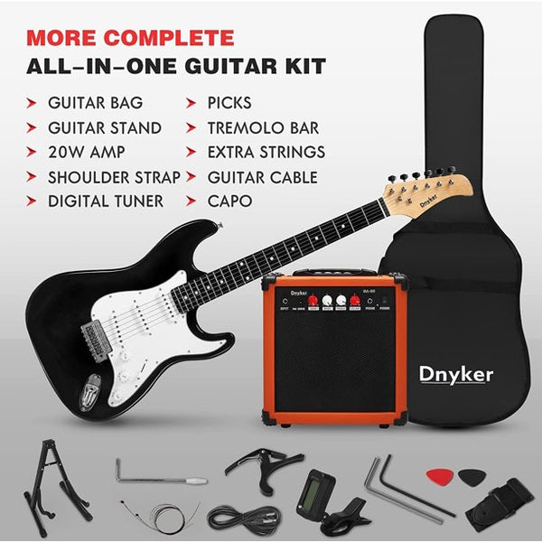 Yoleny 39 Inch Beginner Electric Guitar Kit with 20-Watt Amplifier, Bag, Stand, Tremolo Bar, Digital Tuner, Black