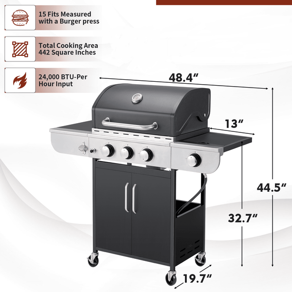 Yoleny 3 Burner BBQ Propane Gas Grill，24,000 BTU Stainless Steel Patio Garden Barbecue Grill with Stove and Side Table