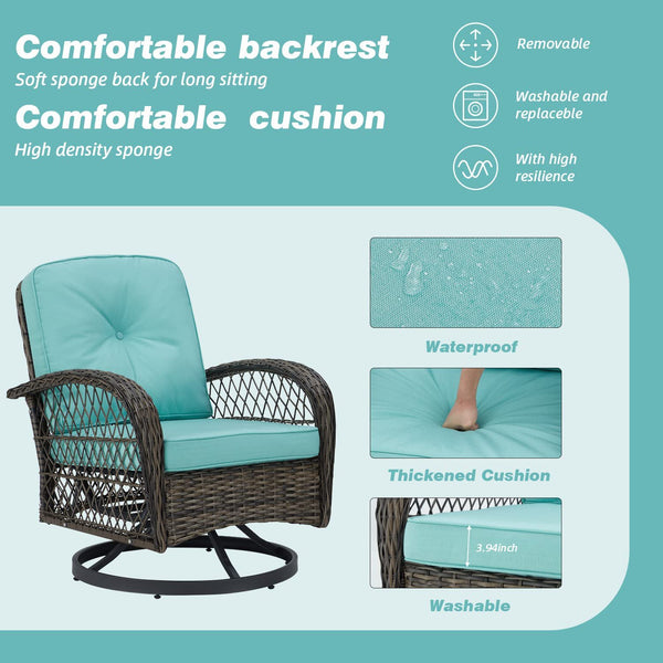 Erommy Outdoor Rocker Patio Chairs 360 ° Swivel , 3 Pieces Patio Set with Cushions and Table, Blue