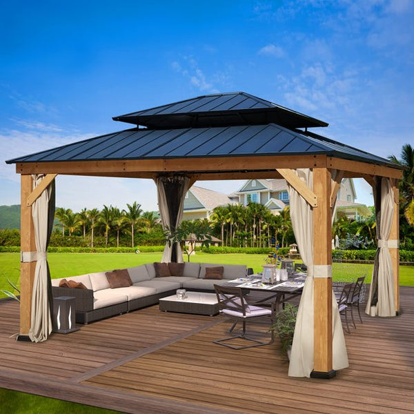 Yoleny 13' x 15' Cedar Wood Gazebo, Outdoor Hardtop Gazebo with Privacy Curtains and Mosquito Netting, for Patio, Garden, Backyard