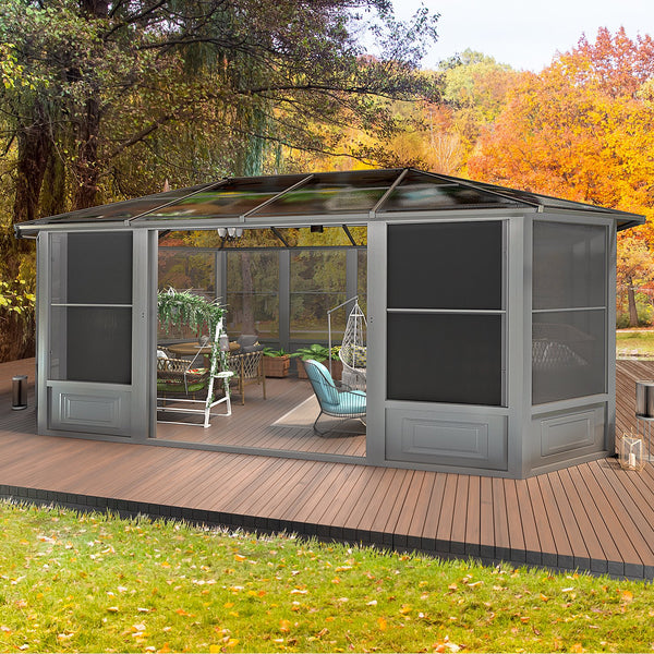 Yoleny 12' x 18' Solarium Sunroom, Outdoor Hardtop Polycarbonate Roof Sun Room, Aluminum Frame Permanent Tiny House with Sliding Doors and Screens,for Garden, Patio, Lawns