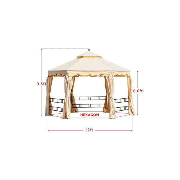 Erommy 12FT Outdoor Gazebo Canopy, Aluminum Frame Soft Top Hexagonal Outdoor Patio Gazebo with Polyester Curtains and Air Venting Screens (028Beige)