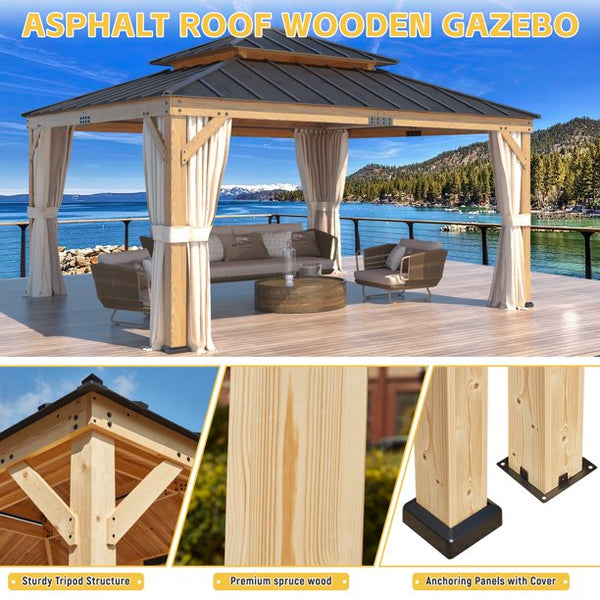 Mellcom 13' x 15' Asphalt Hardtop Gazebo, Spruce Wood Double Roof Gazebo, Canopy Gazebo with Waterproof Coated Wood Frame for Patios, Gardens, Lawns, and Backyards