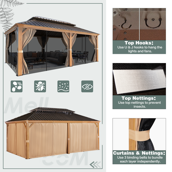 Hommow 12' X 20' Hardtop Gazebo Aluminum Frame Gazebo with Galvanized Steel Double Roof