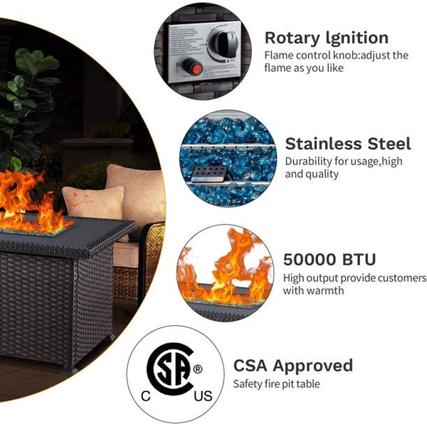 Yoleny 44'' Propane Fire Pit Table, 50,000 BTU Rectangular Gas Fire Pit, CSA Certified Wicker Fire Pit Table with Fire Pit Cover, Aluminum Tabletop and Glass Rocks, Suiltable for Poolside, Backyard