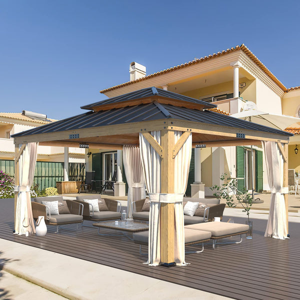 Mellcom 13' x 15' Asphalt Hardtop Gazebo, Spruce Wood Double Roof Gazebo, Canopy Gazebo with Waterproof Coated Wood Frame for Patios, Gardens, Lawns, and Backyards