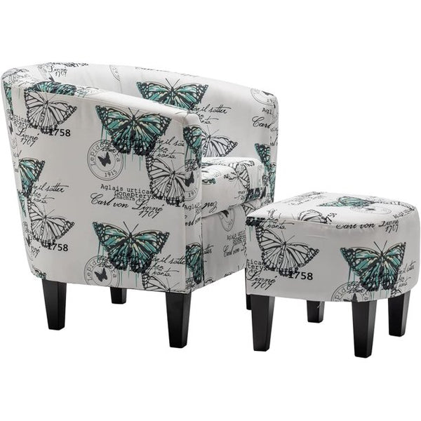 Mellcom Accent Chair with Ottoman , Comfy Fabric Armchair,White Butterfly