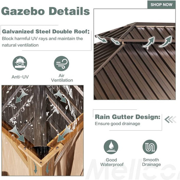 Mellcom 12' X 20' Hardtop Gazebo Aluminum Frame Gazebo with Galvanized Steel Double Roof