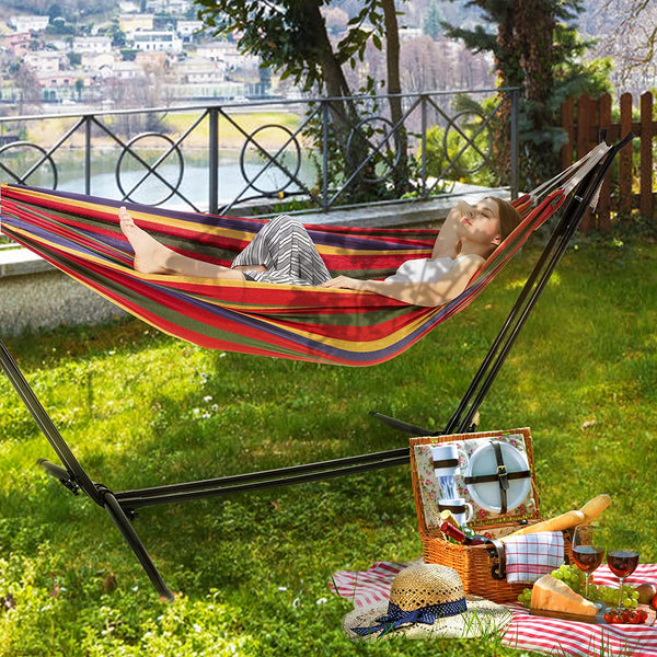 Yoleny Hammock with Stand Included, Double-bar Heavy Duty Cotton Rope Hammock with Portable Carrying Bag for Patio Porch, Rainbow Stripe