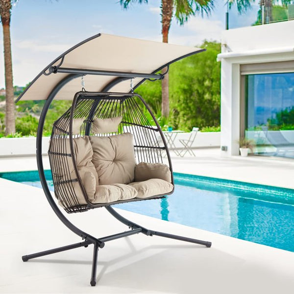 Erommy Loveseat Hanging Egg Chair Adjustable Swing with Steel Frame for Patio, khaki