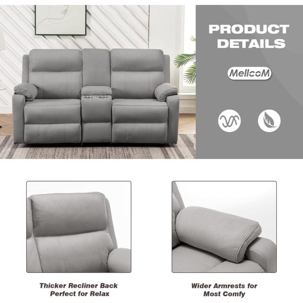 Mellcom Reclining Console Loveseat, Manual Upholstered Home Theater Seating, Arm Sofa Recliner Chair for Living Room, Gray
