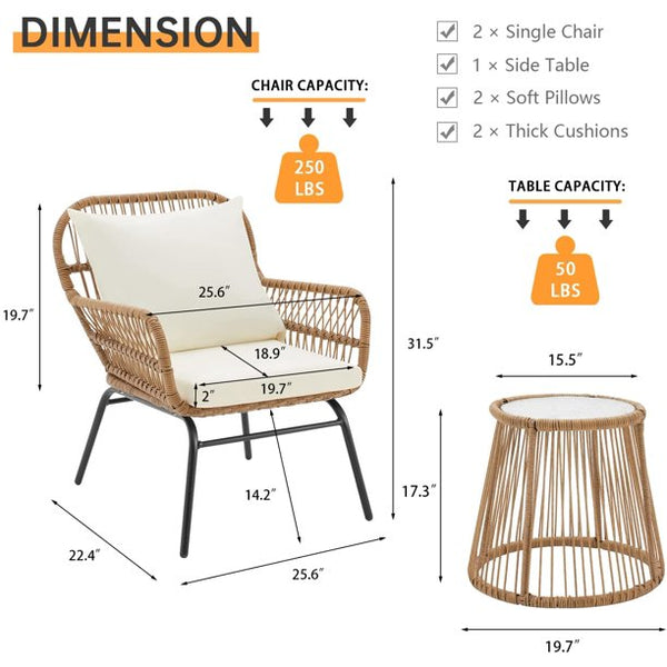 Erommy 3-Piece Patio Conversation Set, Outdoor Wicker Furniture with 2 Wide Armchairs & Tempered Glass Top Table, Cushions Included