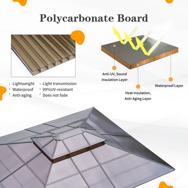 Yoleny 12'x14' Outdoor Hardtop Polycarbonate Gazebo Canopy Curtains Aluminum Frame with Netting for Garden,Patio