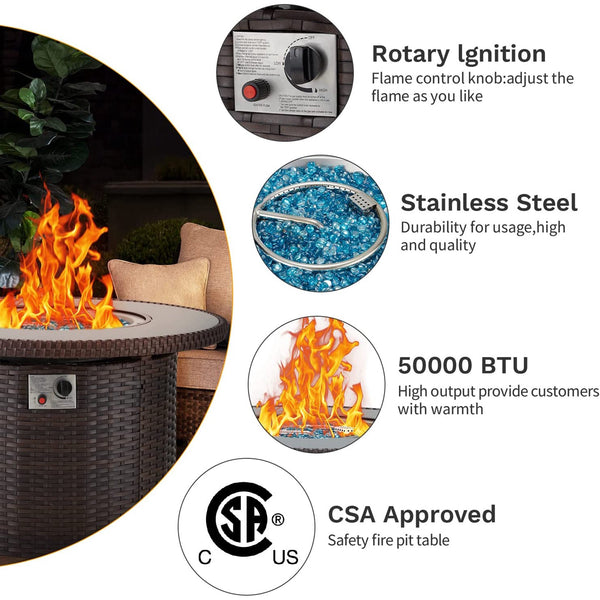 Yoleny Gas Fire Pit Table, 38" 50000 BTU Round Propane Firepits with Lid and Fire Glass, CSA Certification, Brown