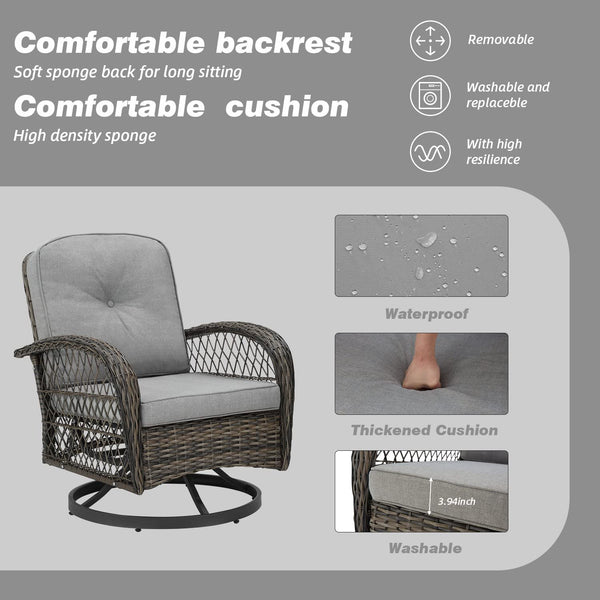 Erommy Outdoor Rocker Patio Chairs 360 ° Swivel , 3 Pieces Patio Conversation Set with Thickened Cushions and Glass Table, Gray