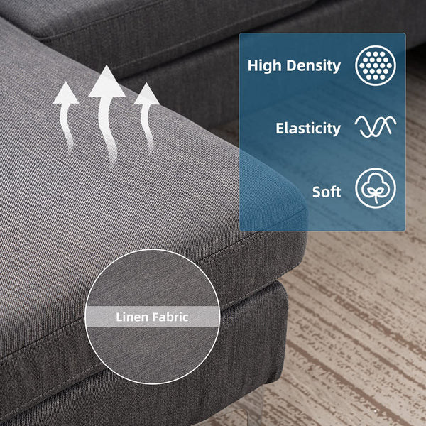 Mellcom Linen U-Shape Sectional Sofa, Fabric Couch for Living Room Apartment, Gray